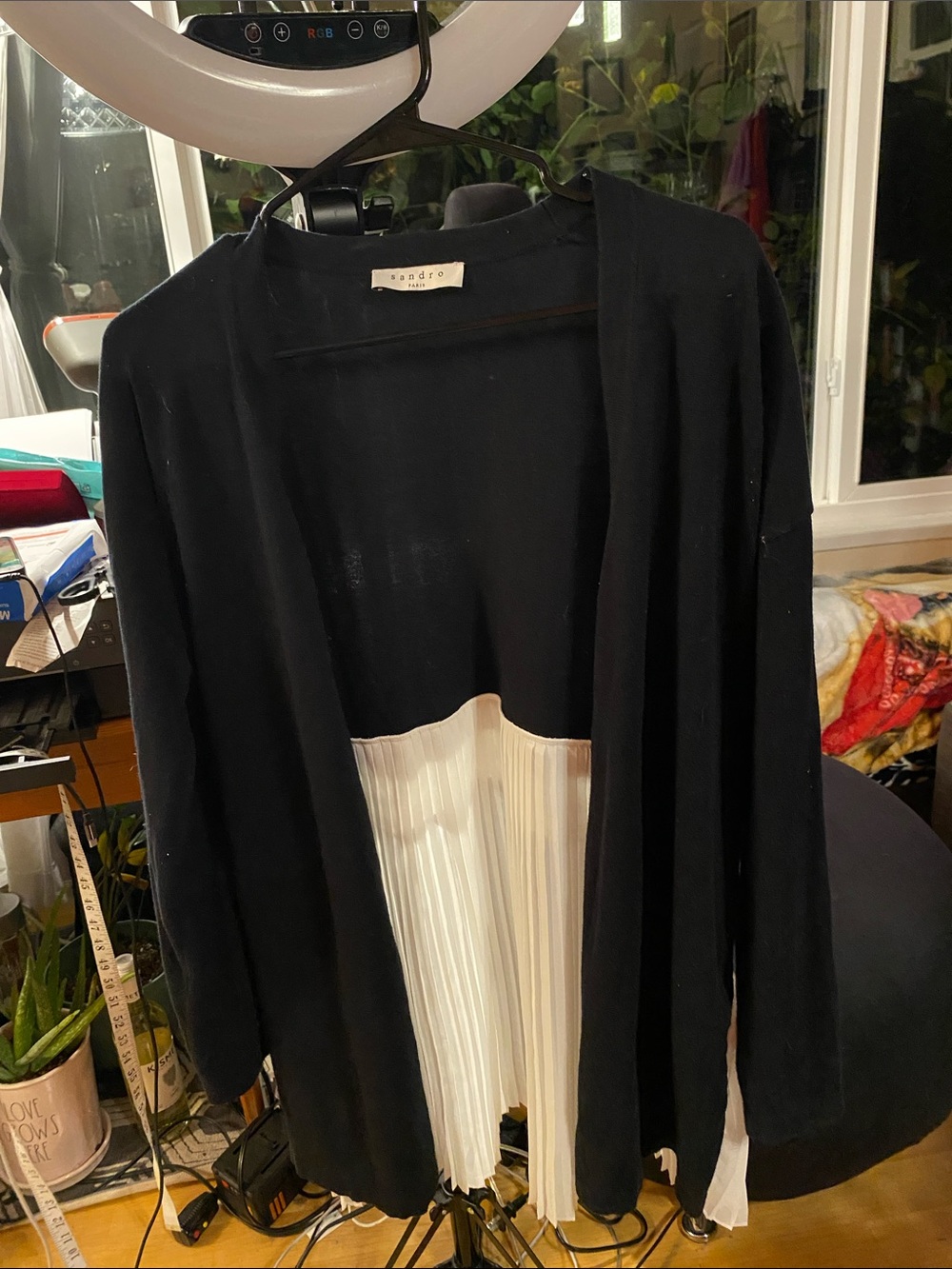 Sandro Black Open Cardigan with White Pleated Back Pane